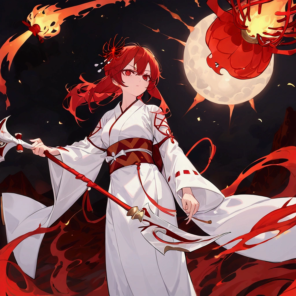 "A middle-height woman with striking red hair styled in a bold and fashionable way, her eyes a toxic shade of dark purple, is holding a spear with a cross-shaped tip. She has a serious expression on her face. Adorning her hair is a red spider lily hair accessory. The background features a volcanic landscape with exposed rock and flames rising. She is wearing a traditional Japanese miko outfit inspired by the red spider lily, with a white and red marbled cap worn at an angle. The spear emanates illusions of flames and poison."