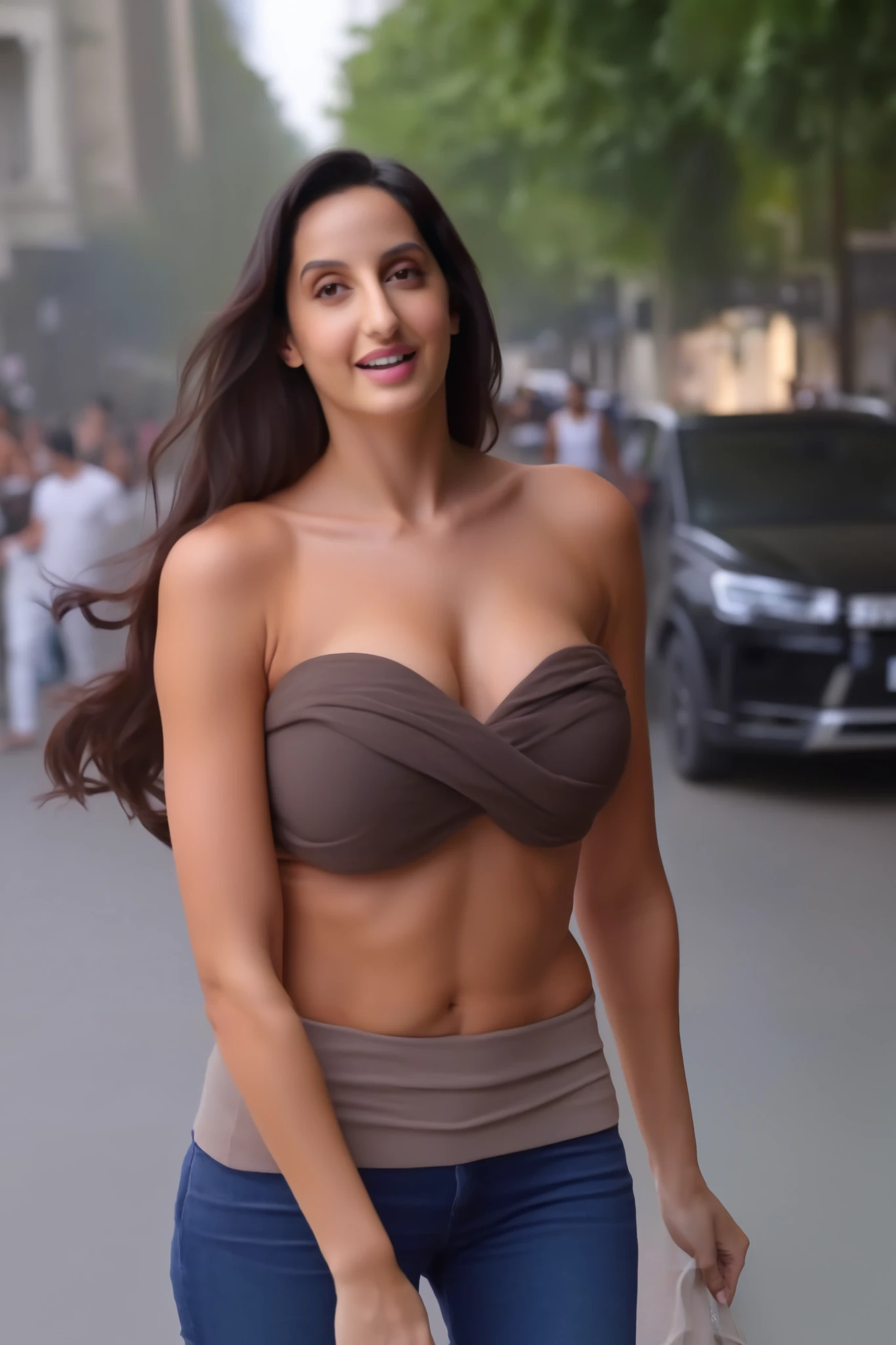 Bis ass big boobs NORA FATEHI showing her breast without clothes in public, nipple seen ,in a busy street 