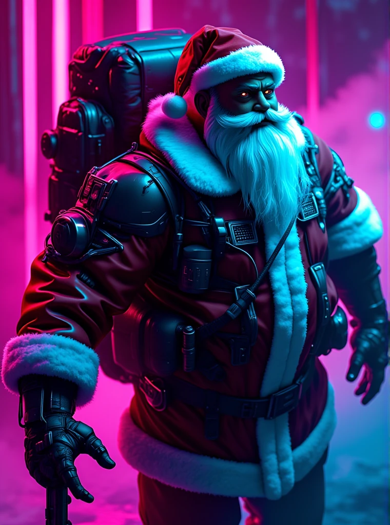 

a fat muscular man with cybernetic implants hand wearing santa outfit carrying a hi-tech futuristic gatling gun, large backpack, action shot, 

visual style: lightspeedBBf1, neon, cyberpunk, high-quality photo,  sci-fi, depth of field, skin pores, detailed, intricate


