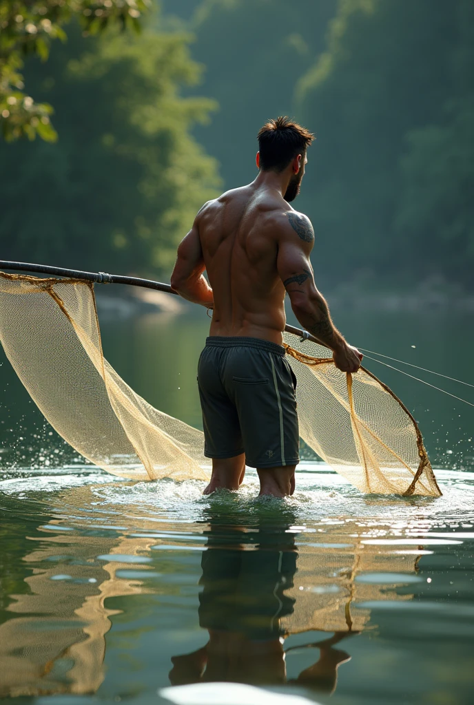 Young, beautiful, handsome, white, skinny, angelic, shirtless, Fishing for fish in a beautiful catata swamp Beautiful man Beautiful backside with a transparent wet shirt catching fish in his hand