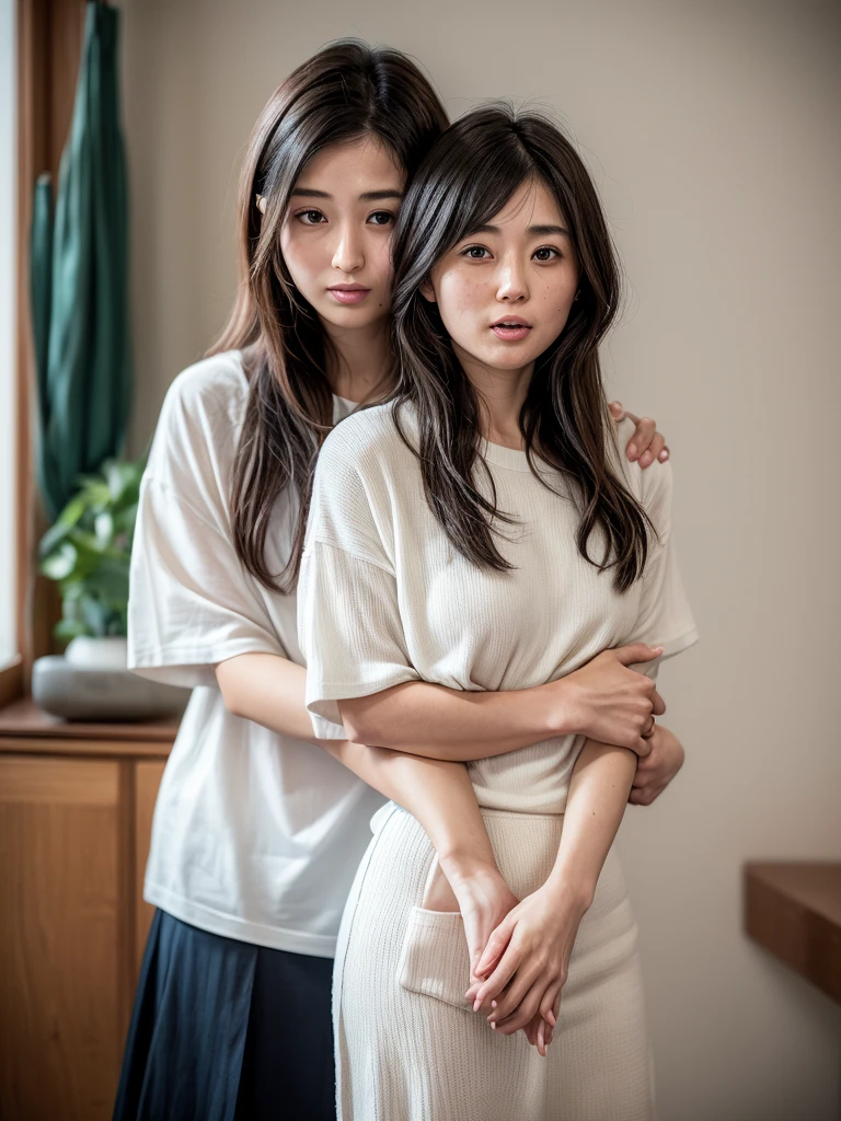 (2 woman),(35 years old japanese woman and 20 years old japanese woman),(35 years old Japanese woman is a mature woman),[35 years old woman:(afraid face:1.3),(embarrassed, blush ), (ecstasy),(realistic skin)], (wearing White knit t -shirt),(wearing black long skirt),(brown medium hair, realistic hair)], (20 years old woman is grabbing 35 years old woman's chests from behind :1.8), (35 years old woman screaming with open mouth :1.2),[35 years old woman is closeing eyes: (narrowed eyes:1.4):1.2], In a White wall room with window,(view from front,cowboy shot),(8k,High quality, Ultra detailed, best quality, insanely detailed, beautiful , masterpiece, soft brightness, soft saturation )