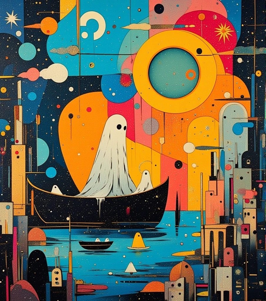   Colorful abstract painting 、  abstract surrealist masterpiece 、  Futurist Paintings  、Wyndham  ･  Ghosts Inspired by Ghosts  、  Unknown Artist  、  very detailed, paints、star々、sea、Little Boat Figures 、deformed ghost 