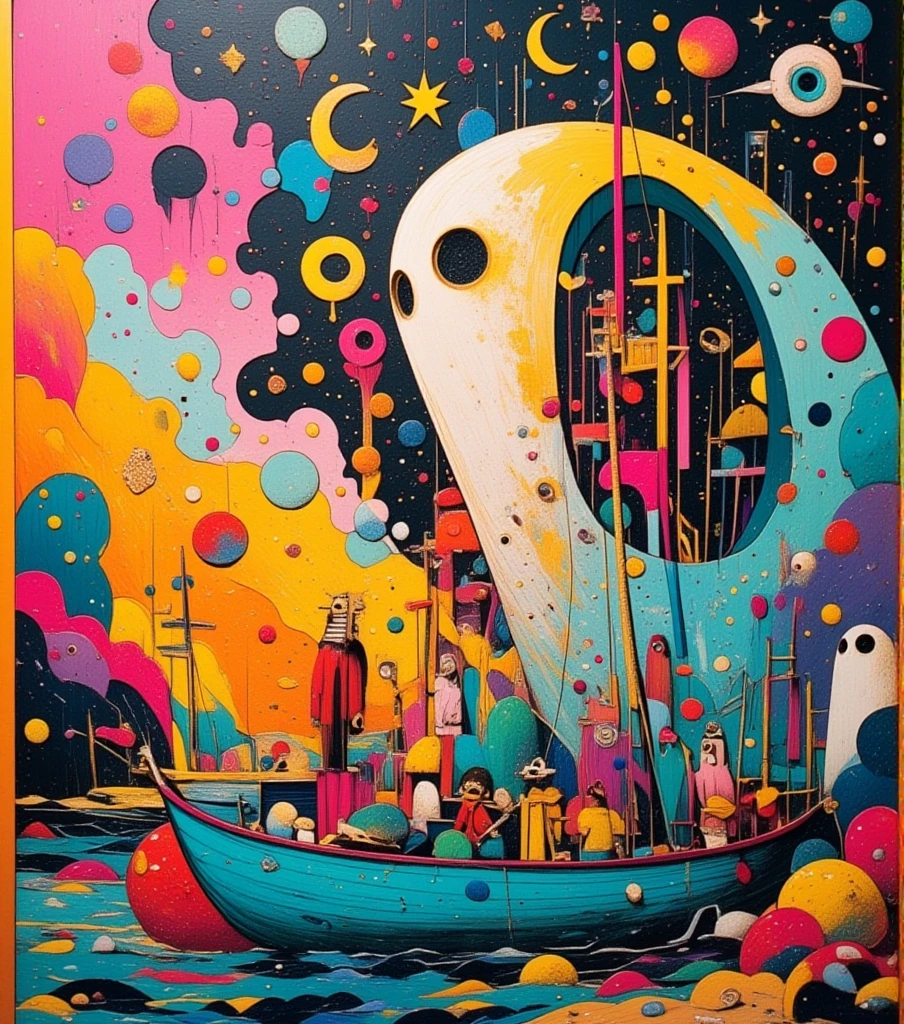   Colorful abstract painting 、  abstract surrealist masterpiece 、  Futurist Paintings  、Wyndham  ･  Ghosts Inspired by Ghosts  、  Unknown Artist  、  very detailed, paints、star々、sea、Little Boat Figures 、deformed ghost 