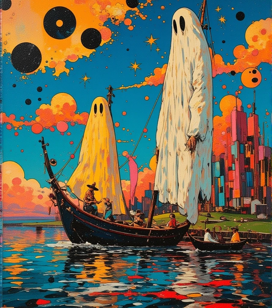   Colorful abstract painting 、  abstract surrealist masterpiece 、  Futurist Paintings  、Wyndham  ･  Ghosts Inspired by Ghosts  、  Unknown Artist  、  very detailed, paints、star々、sea、Little Boat Figures 、deformed ghost 