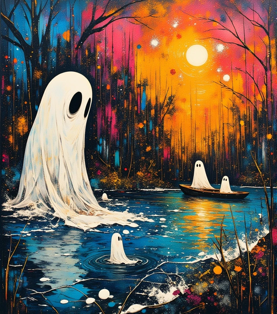   Colorful abstract painting 、  abstract surrealist masterpiece 、  Futurist Paintings  、Wyndham  ･  Ghosts Inspired by Ghosts  、  Unknown Artist  、  very detailed, paints、star々、sea、Little Boat Figures 、deformed ghost 