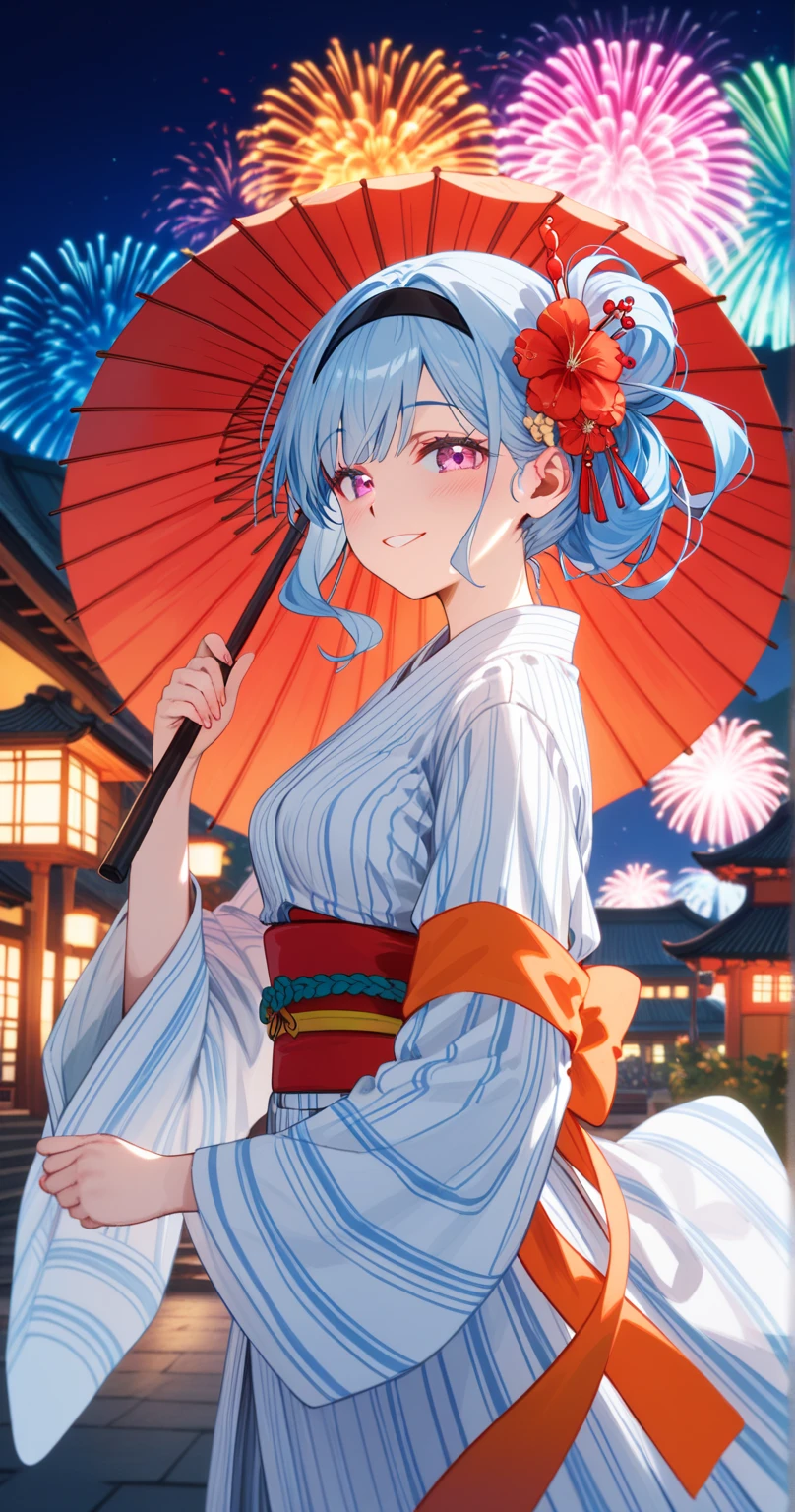 romancing saga 2, half updo, pink eyes, light blue hair, (straight hair), hair ornament, black hairband, flower kanzashi,light blue yukata,orange obi,red Japanese umbrella
BREAK
25 year old woman、medium breasts,Moist eyes、Gentle eyes、Gentle look , blush,smile
BREAK
high definition , masterpiece,  anatomically correct ,  very detailed,  High Quality 
BREAK
Dienamic pose、summer festival at night, fireworks