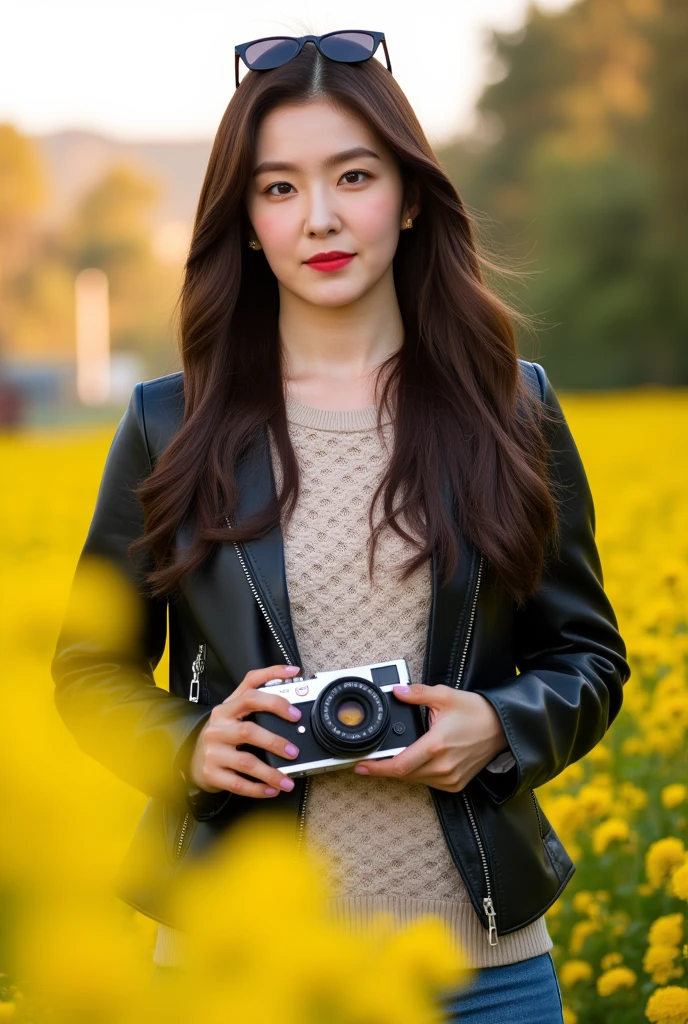 A young woman stands beneath a tree in a vibrant yellow flower field, exuding effortless cool in a stylish black leather jacket over a light knitted sweater, her long, dark hair flowing freely. She holds a Leica camera, sunglasses perched on her head, gazing directly at the camera with a soft, confident expression. Warm, natural light illuminates her face, accentuating the intricate lace details of her sweater, while the subtle bokeh of the 90mm portrait lens blurs the flowers, emphasizing her relaxed, casual street style in an everyday setting.