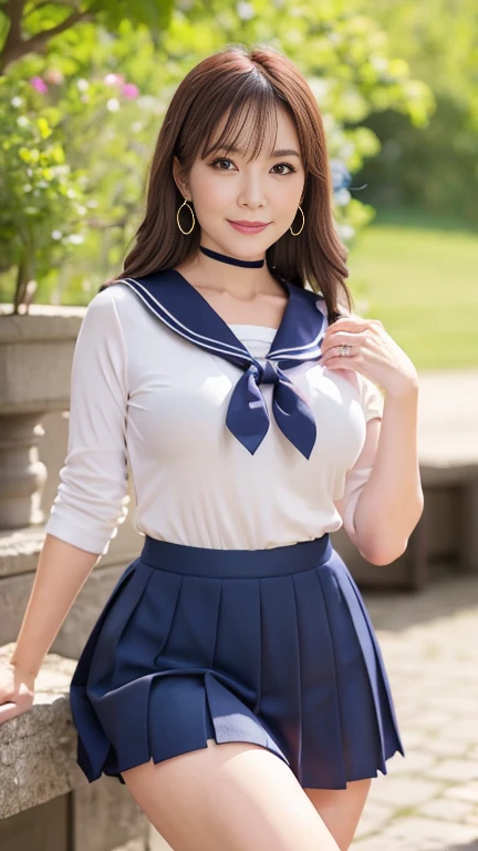 full body shot, from below,  Japanese woman with a viewing angle of, (Wife:1.6), (65 years old:1.6),  detailed face , Facial wrinkles, Wrinkles around the eyes, happy smile,  detailed skin texture,  white skin,  heavy makeup ,  long hair, curvy body, saggy breasts,  plump thighs, (earrings,  necklace, school uniform, sailor uniform, sailor collar, sailor collar ribbon,  navy blue pleated mini skirt:1.2), ( wearing high heels:1.2), (Walking in the park,  My whole body is photographed from toe to head:1.2), (surrealism, best quality, ultra detailed, absolutely resolution, 8k, anatomically correct), depth of field, looking at viewer, tachi-e, (gal.safetensors), full body,  detailed face , throw 