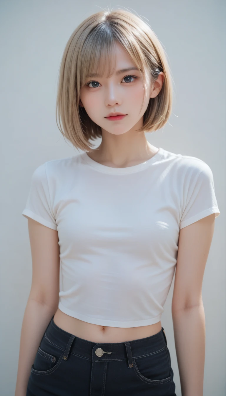 optimal,master piece,High resolution,best quality,hyper hd,super detail,award-winning,16K,solo,(Upper body),correct anatomy,Beautiful Cyberpunk Girl,cowboy shot、cute face,,blonde、bob cut、Red ribbon hair ornament、hair line,((scarlet eyes)),long eyelashes,dangling corner of the eye,white skin,((Shoot head-on)), ((white t-shirt:1.5)), ((Clocktop、)), ((transparent nipples))、rocket , (Because I'm slender),