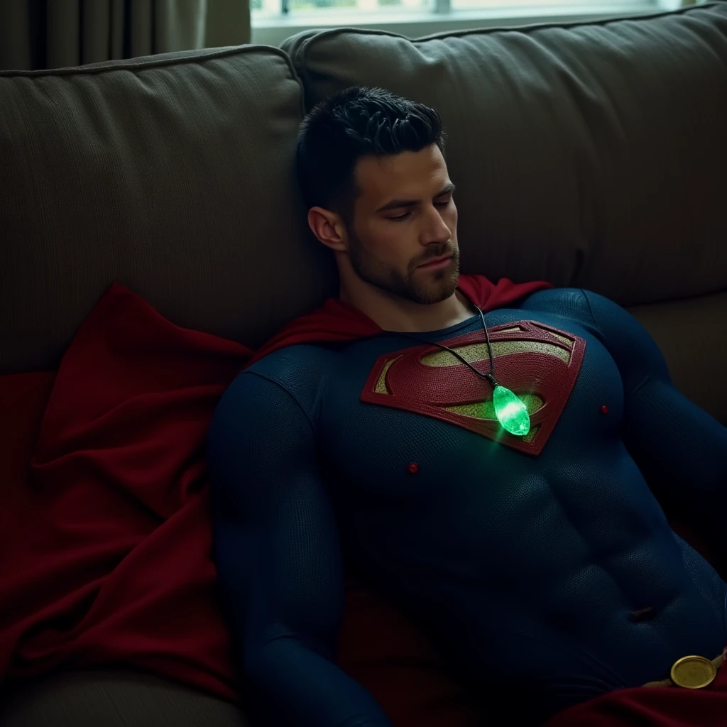 p4yn3. wearing a blue Superman costume, Superman suit, His chest displays the iconic "S" symbol. Superman's traditional red cape is present, attached to the shoulder and flowing behind him, lies on a sofa at home, pained facial expression, almost unconscious, eyes closed, a glowing emerald green crystal pendant hanging around his neck,