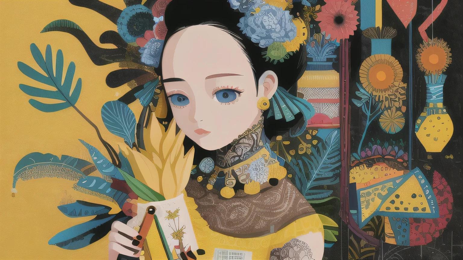 masterpiece, illustration of yellow art, in the style of grunge beauty, sandara tang, mixed patterns, charming character illustrations, folkloric , minimalis