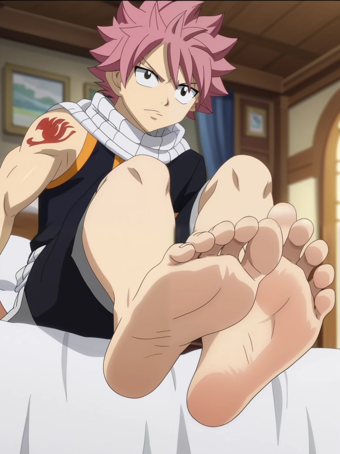 score_9, score_8_up,source_anime,
1boy, alone, Natsu Dragneel, looking at viewer, cowboy shot, anime screencap, anime coloring，barefoot，Perfect feet，Anatomically correct，soles，Focal length 35mm, Five toes，front，Symmetrical Soles，Foot Focus, in the bedroom, sitting on the bed, lifting legs to show his soles, low angle