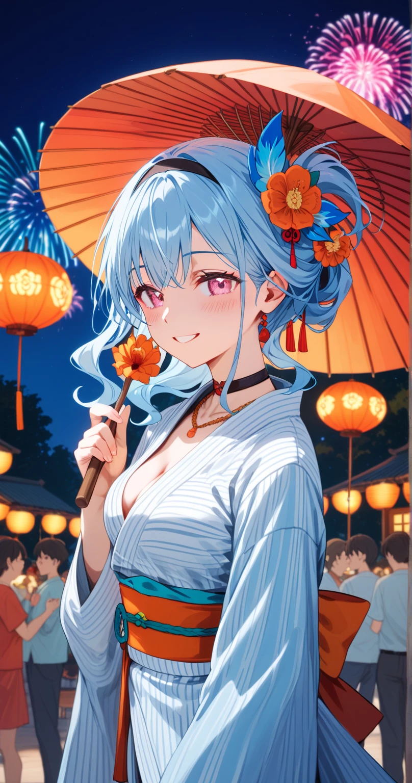 romancing saga 2, half updo, pink eyes, light blue hair, (straight hair), hair ornament, black hairband, orange flower kanzashi,light blue yukata,orange obi,red Japanese umbrella ,black choker, necklace
BREAK
25 year old woman、medium breasts,Moist eyes、Gentle eyes、Gentle look , blush,smile
BREAK
high definition , masterpiece,  anatomically correct ,  very detailed,  High Quality 
BREAK
Dienamic pose、summer festival at night, fireworks