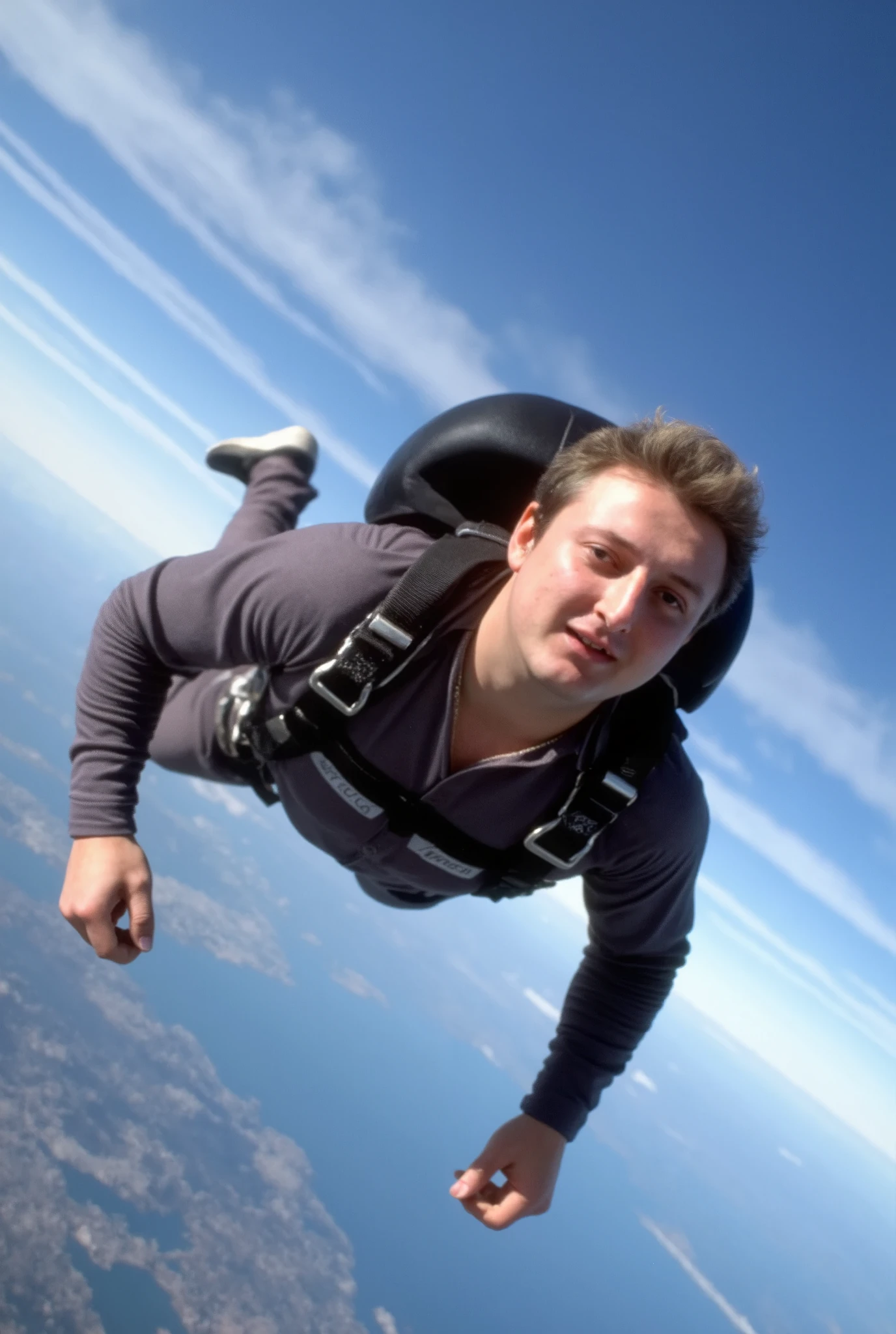 A high-resolution photograph of Eric Bristow skydiving, a POV shot in freefall