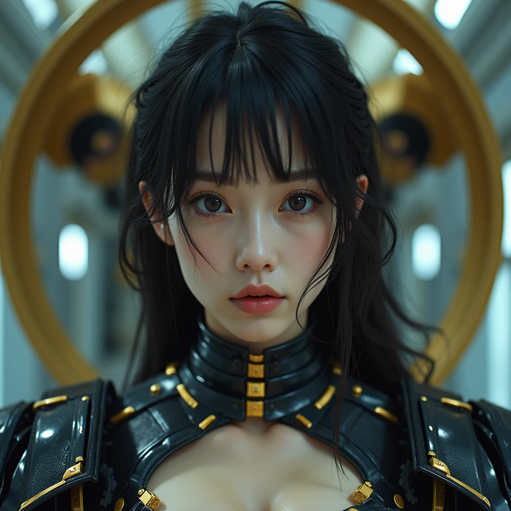 top-quality、masterpiece、超A high resolution、(Photorealsitic:1.4)、Raw photo、Black hair、glowy skin、1 Mechanical Girl、((super realistic details))、portlate、Global Illumination、Shadow、octan render、8K、ultrasharp、Colossal tits、Raw skin is exposed in cleavage、Bionic Cyborg Girl、Black fiberglass body、Details of intricate ornaments of golden color、Insect specifics、Biological curve form、Analog Meter、gear、screw、Golden hydraulic cylinder、highly intricate detail、Realistic light、CGSoation Trends、a purple eye、radiant eyes、Facing the camera、neon details、blood vessels connected to tubes、Mechanical vertebrae attached to the back、mechanical cervical attaching to neck、sitting on、Wires and cables connecting to the head、Gorgeous headset、Glowing LED lamp、The background is a steampunk room、