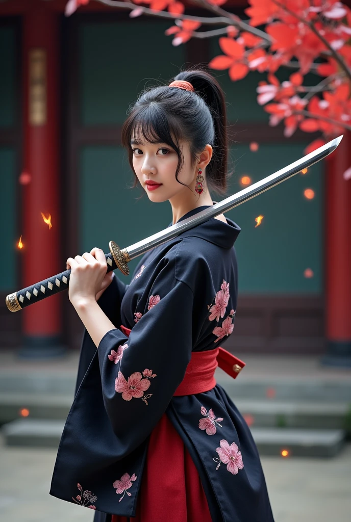 Making a photo, a beautiful Japanese woman wearing a navy black short ...