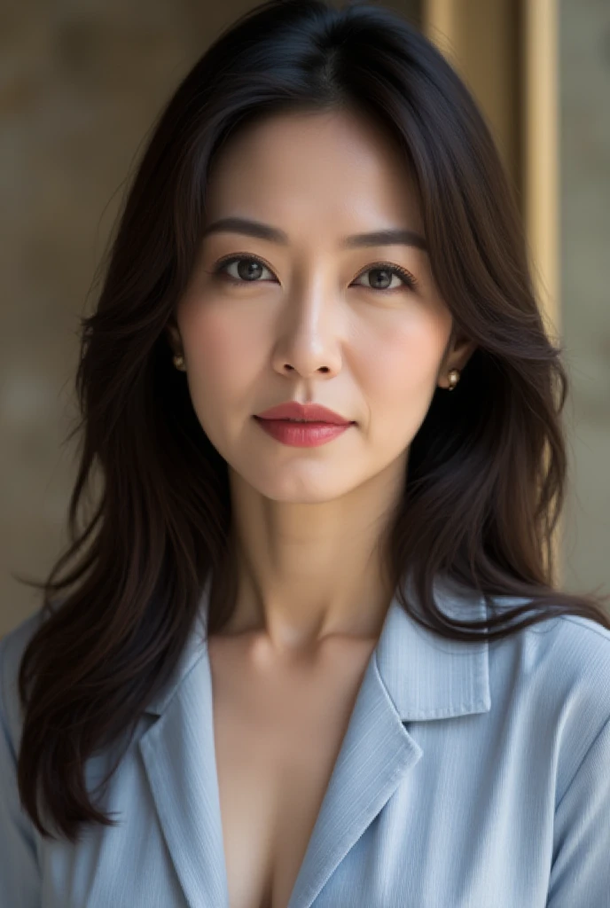 Mature Woman, ( Detailed description of the hair), (Detailed description of the face), (Detailed description of the body), high definition , masterpiece,  top quality ,  high detail, formal: 1.4), ( realistic : 1.2, 超 realistic な: 1.1,  realistic: 1.37), (Sharp focus: 1.4),  is written by,  PHYSICAL BASED RENDERING, very long hair,  unrivaled beauty , (Ultimate beauty), (lipstick:1.1), ( eyeliner :1.2), ( mascara), ( Eye Shadow ), (55 years old,: 1.4), Japanese、 closeup 、 fine lines of laughter :1.2、seductive smile,(pastel blue x striped shirt)、( classic study or marble background)