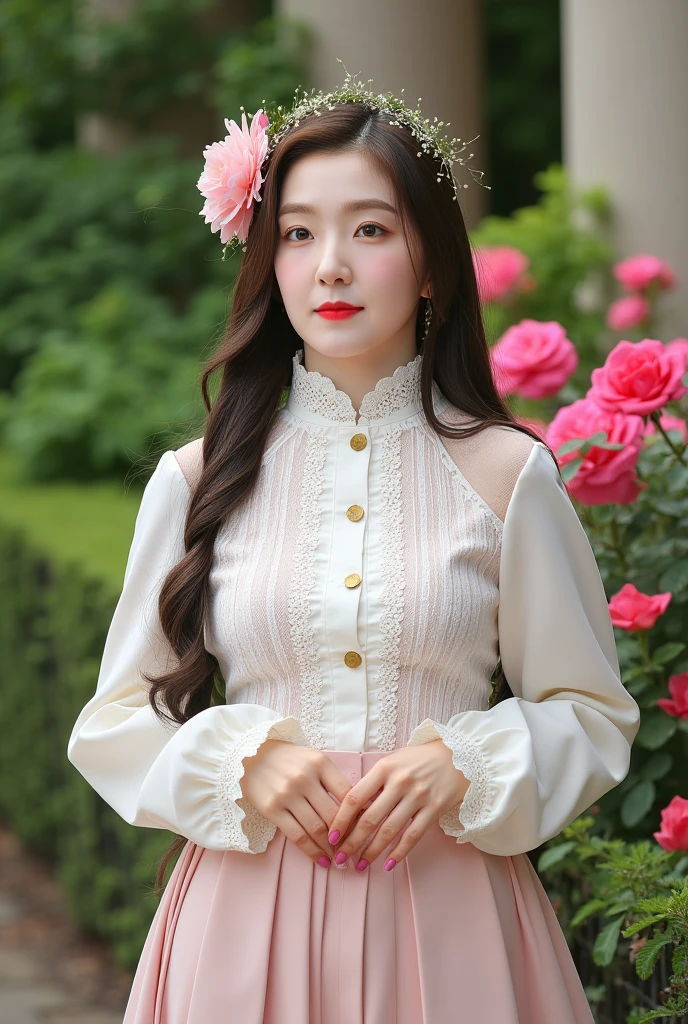 Create an image of an Asian teenage girl in a Victorian-inspired outfit. She's wearing a lace blouse, a high-waisted long skirt. Her hair is styled in loose ringlets and adorned with a floral headpiece. The background is a historic garden with blooming roses and a marble fountain. Detailed face, expressive eyes, high resolution, photorealistic, natural lighting, vibrant colors, Victorian fashion, garden backdrop, graceful pose.