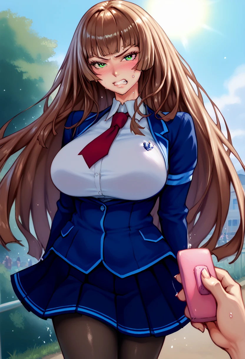 koukawa asukai, brown long hair, long hair, green eyes, large breasts,high school uniform,miniskirt, black pantyhose,score_9, score_8_up, score_7_up, perfect hands, perfect finger,perfect anatomy, masterpiece, best quality,realistic, hyperrealistic, 16k hdr,1 mature female,outdoor,high school,sun shine,strong wind,sweat,(red blush,angry,orgasm:1.2),(POV holding remote controller),(strong wind:1.1),sweat