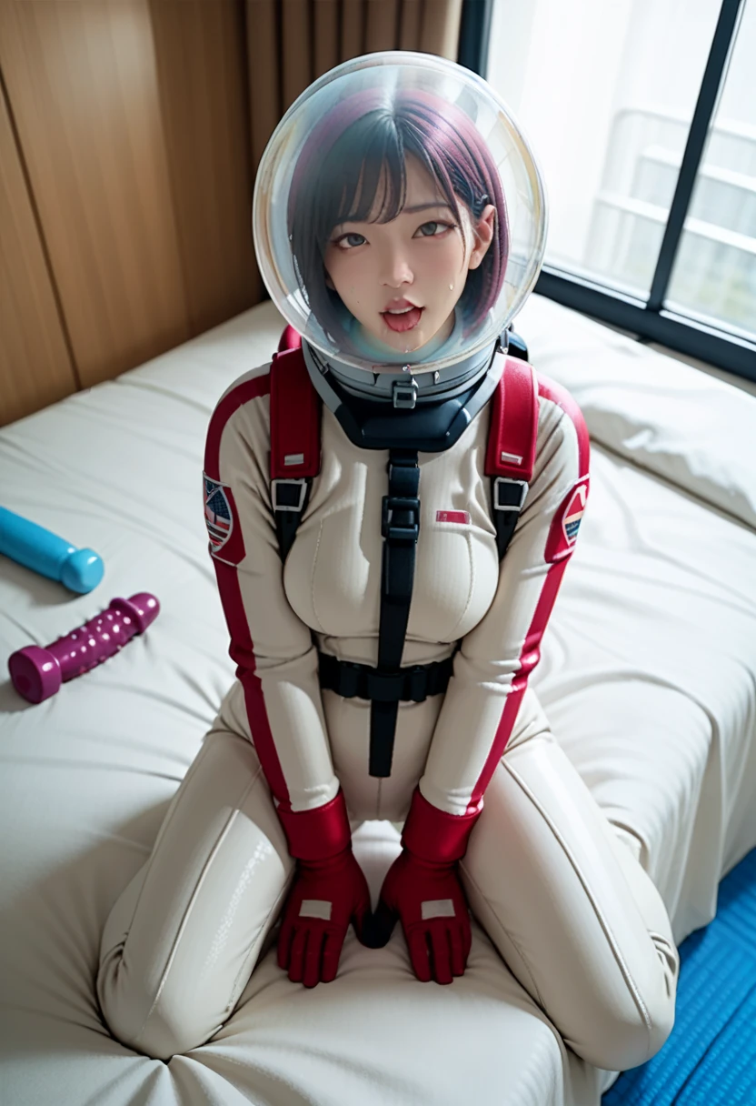 from above, bubble helmet, (,(spacesuit:1.15), white cargo pants, astronaut)space helmet, lush, , looking at the viewer, , indoors, in bed, bed, masterpiece, best quality, 1girl, solo, , looking at the viewer, bed, masterpiece, best quality, 1girl , solo, ,, pink medium hair,, drooling, sweat, shaking, (doggystyle,, ) , bob cut, space helmet, ahegao, dildo in pussy