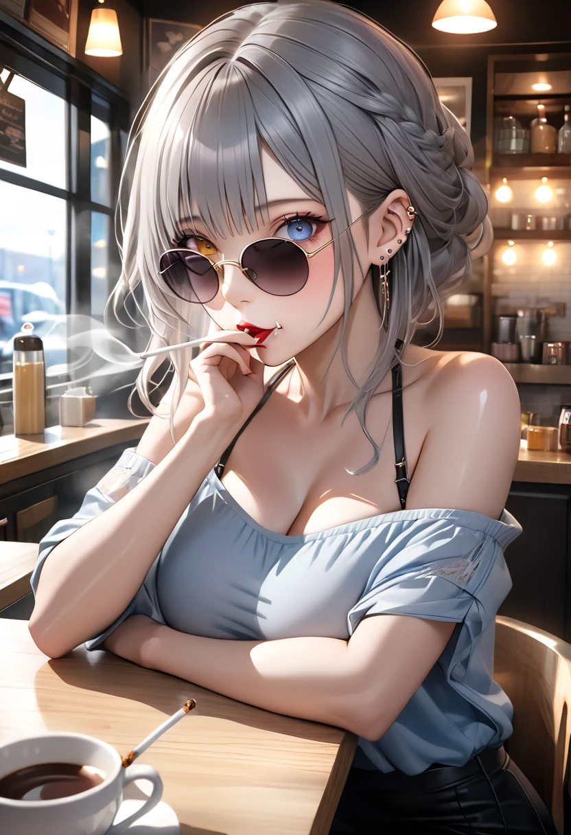  top quality , masterpiece,   ultra high resolution, ( photorealistic: 1.4),  RAW photos ,  1 girl,  off shoulder,  cinematic lighting, Kissing Pose,  sunglasses、I wear a lot of piercings、 heterochromia, Gray Hair, Gray Hair、Beautiful breasts、Butt、I'm sitting at the counter seat at a cafe、Putting a cigarette in your mouth、Cigarette smoke、