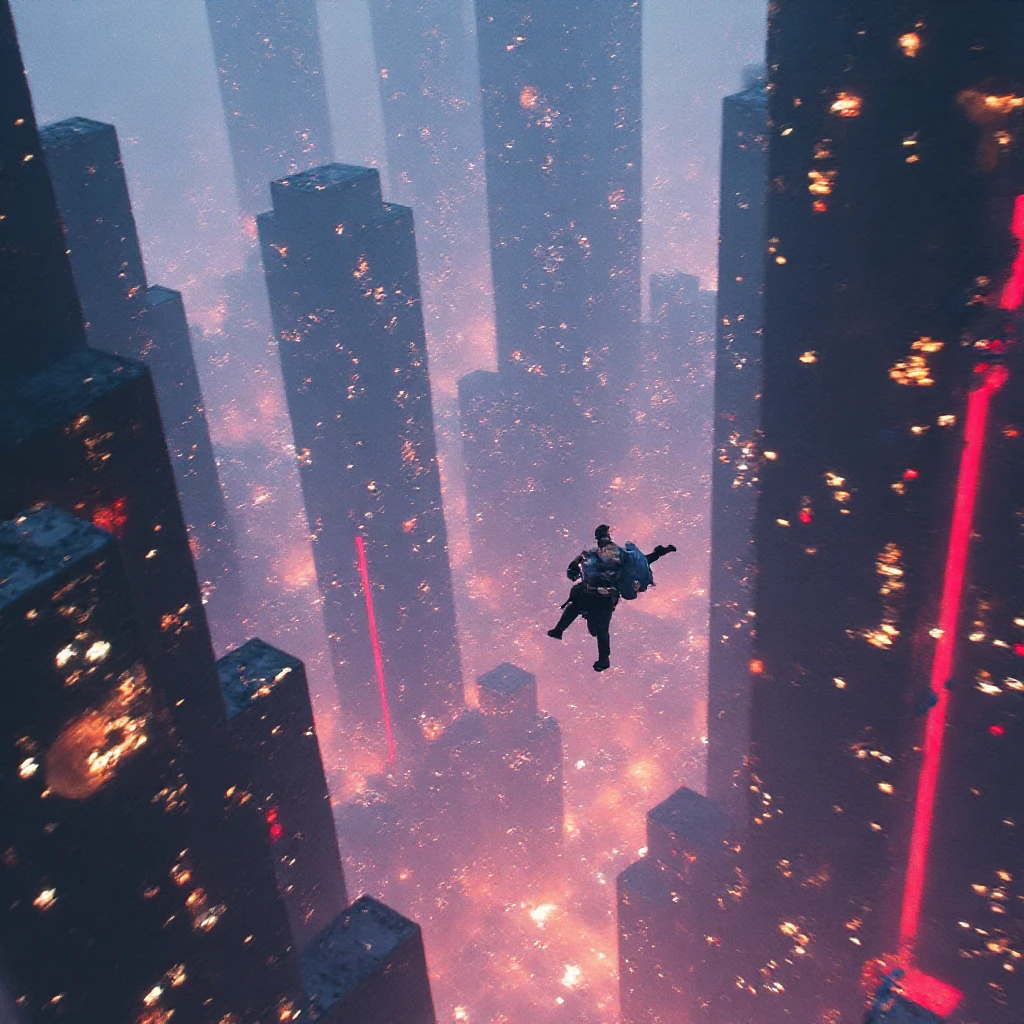 A high-rise city in the near future ,  scene where the protagonist descends at high speed ,  use a hoverbike or jet pack,  background with neon colored light flowing ,  the perspective of flying like sewing through a skyscraper , Overwhelming sense of speed 