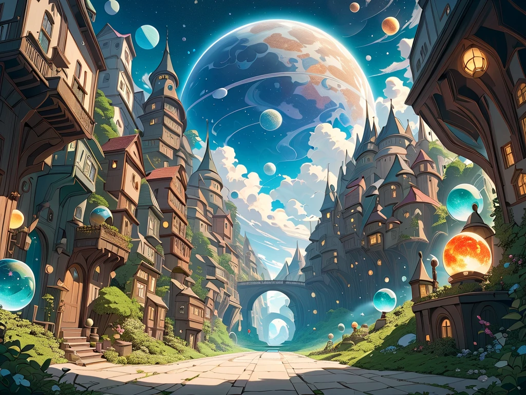 look up into outer space with vivid planets floating from a fantasy townscape, (masterpiece, ultra detailed, top quality), Studio Ghibli, PEAnimeBG.