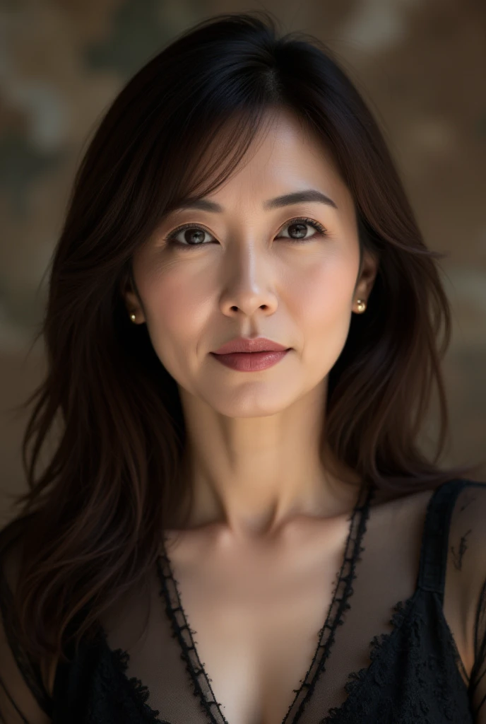 Mature Woman, ( Detailed description of the hair), (Detailed description of the face), (Detailed description of the body), high definition , masterpiece,  top quality ,  high detail, formal: 1.4), ( realistic : 1.2, 超 realistic な: 1.1,  realistic: 1.37), (Sharp focus: 1.4),  is written by,  PHYSICAL BASED RENDERING, very long hair,  unrivaled beauty , (Ultimate beauty), (lipstick:1.1), ( eyeliner :1.2), ( mascara), ( Eye Shadow ), (55 years old,: 1.4), Japanese、 closeup 、 fine lines of laughter :1.2、seductive smile,(Black x sheer material shirt)、( classic study or marble background)