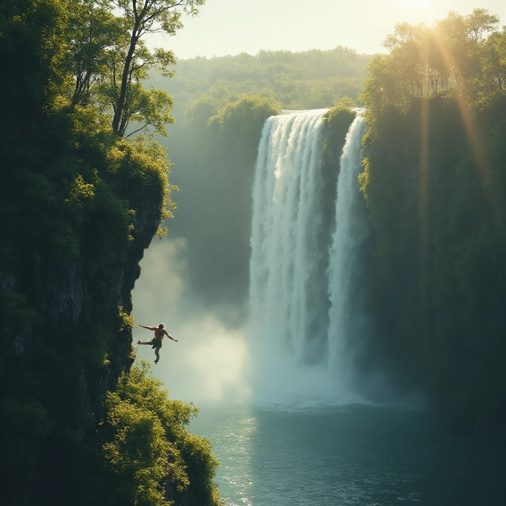 Steep cliff,  a person rapidly descending toward a waterfall , Arms spreading like birds ,  The background is a lush forest and a shining surface of water ,  a sense of movement and tension that makes you feel strong winds ,  a dramatic scene where sunlight shines in