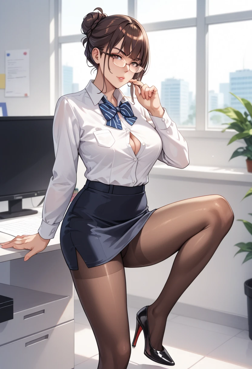 Need,tmasterpiece,Lots of detail,Highest high resolution,office room,workplace,1female,brown hair,short detailed hair,with brown eye,White shirt top,Black hip skirt,black pantyhoses,Office desk,There are potted plants on the table,There is a computer on the desk、mouse。