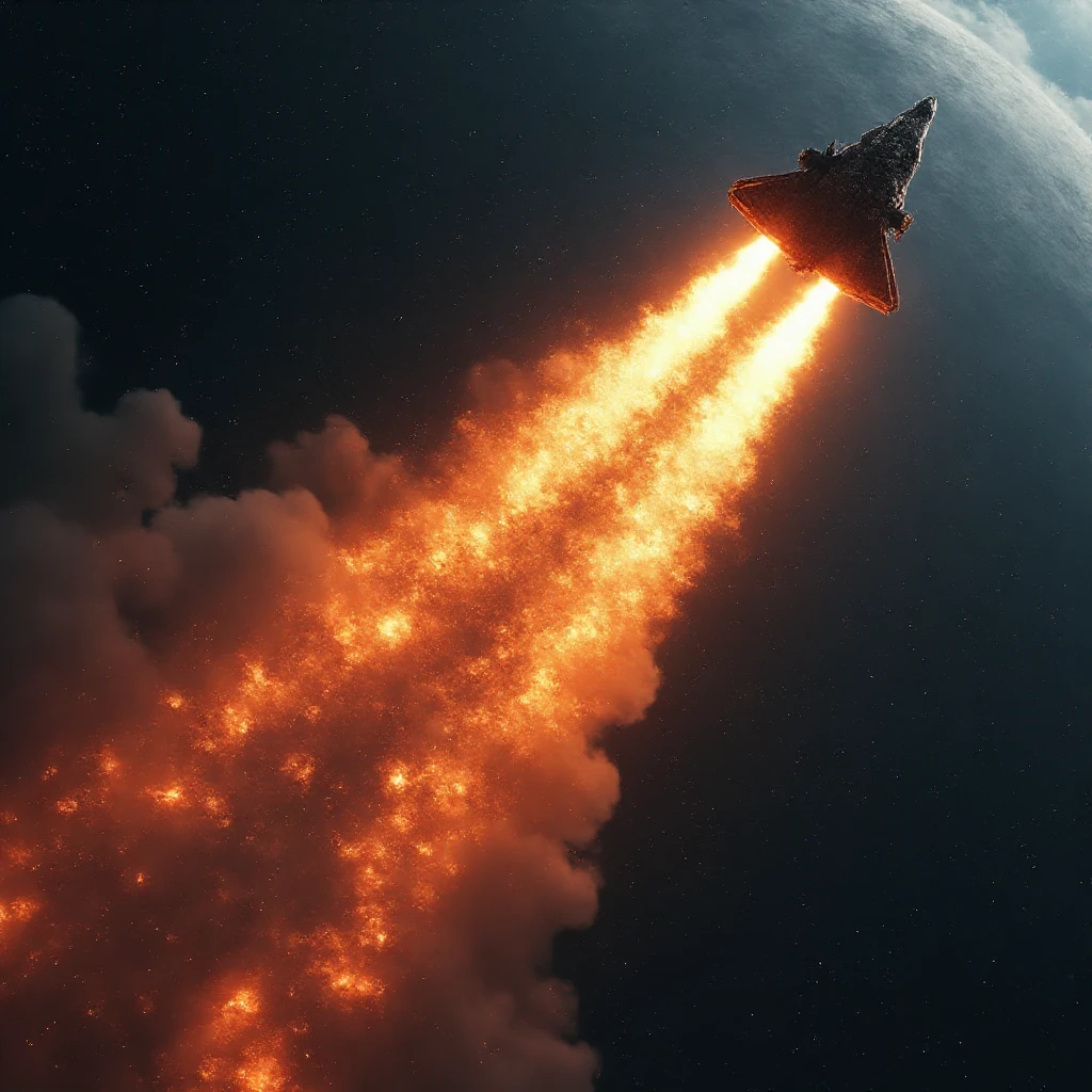 Infinite outer space, Spaceship descending like a flaming meteorite, Trails of sparks and light drawing their tails , How they break through Earth's atmosphere , Stars shining on a dark cosmic background 々, Scenes burning due to friction with the atmosphere