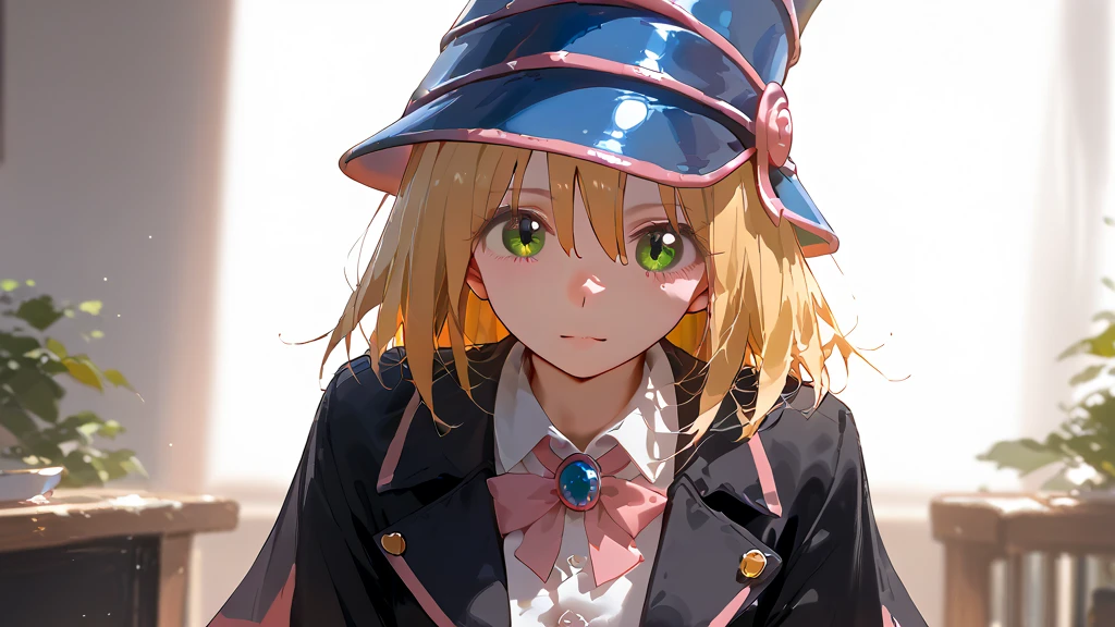  cute magician anime girl、 silk hat、short black jacket 、 White Buttoned Tee 、Trump、 Scenario Backdrop 