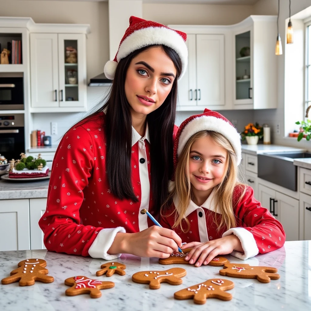  creates images of mother and daughter ,   young mother and young daughter hyper realistic oil painting beautiful 18-year-old young woman,  chiseled face ,  long straight jet black hair , ojos azules,  white skin red and white Christmas pajamas with hat ,   of 2 golden blonde , white skin and blue eye ,  red and white pajamas with hat both refilled in a meson ,  decorating gingerbread cookies ,  in the background luxurious white kitchen , both smiling and happy  