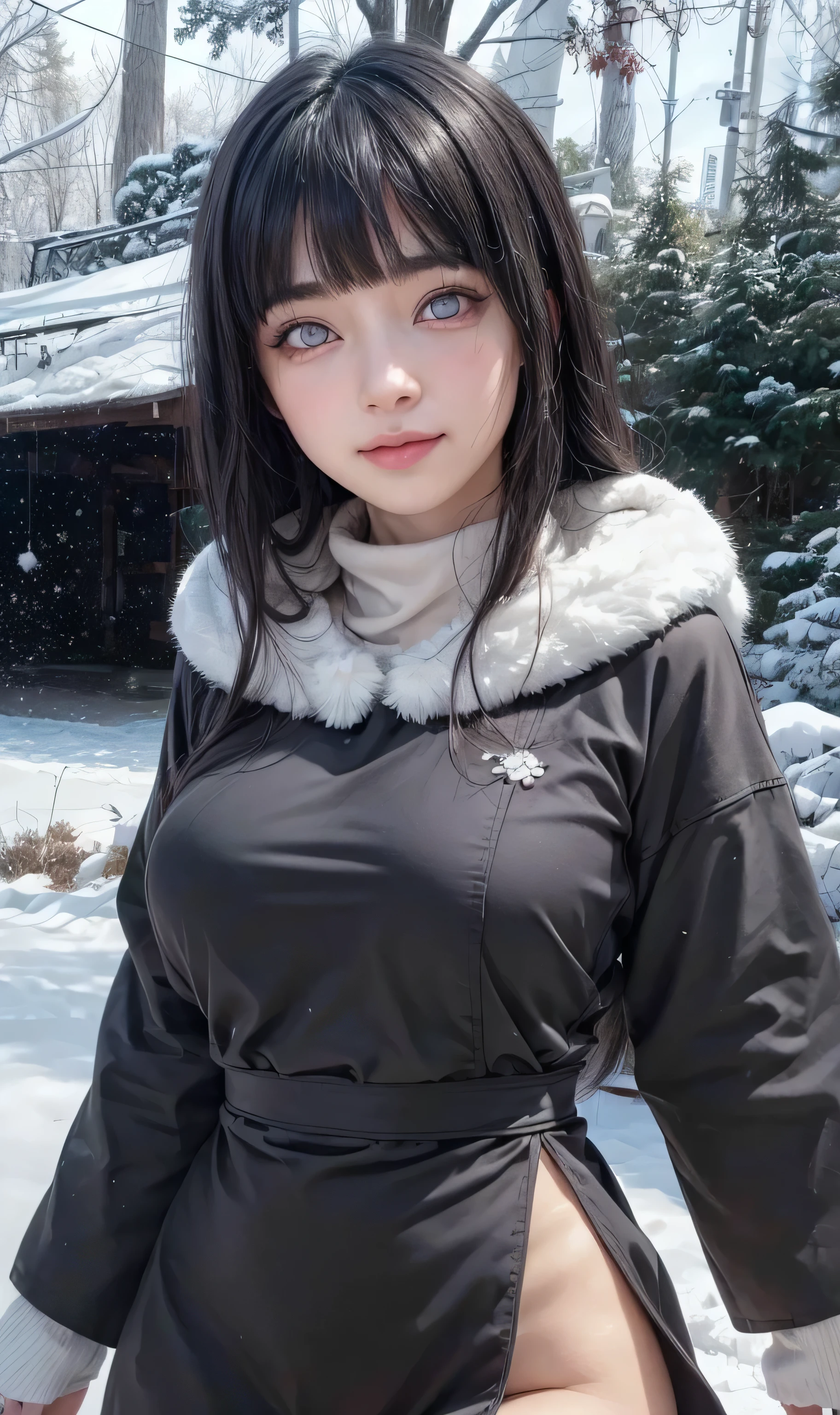 masterpiece, best quality, (realistic,photo-realistic:1.4), (RAW photo:1.2), extremely detailed CG unity 8k wallpaper, delicate and beautiful, amazing,finely detail, official art, absurdres, incredibly absurdres, huge filesize, ultra-detailed,extremely detailed eyes and face,light on face,hinata,(little smile),(black hair:1.4),(wearing winter outfit:1.5),(winter background:1.4),(byakugan eyes:1.5),snowfall,(long hair:1.5),turtleneck