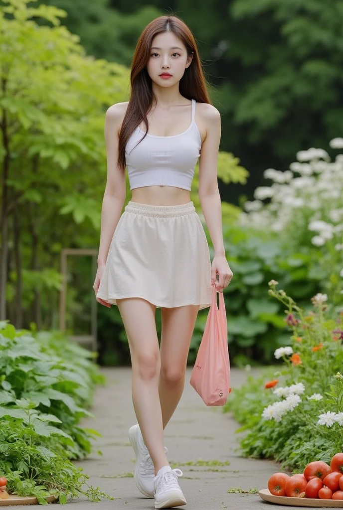 A hyper white skin lady, huge breasts, like jennie kim face, grey eyes, white light, standing at garden, straight long hair and brown color hair, wearing underboob tanktop witj skirt and sneakers, with full of vegetable in bag