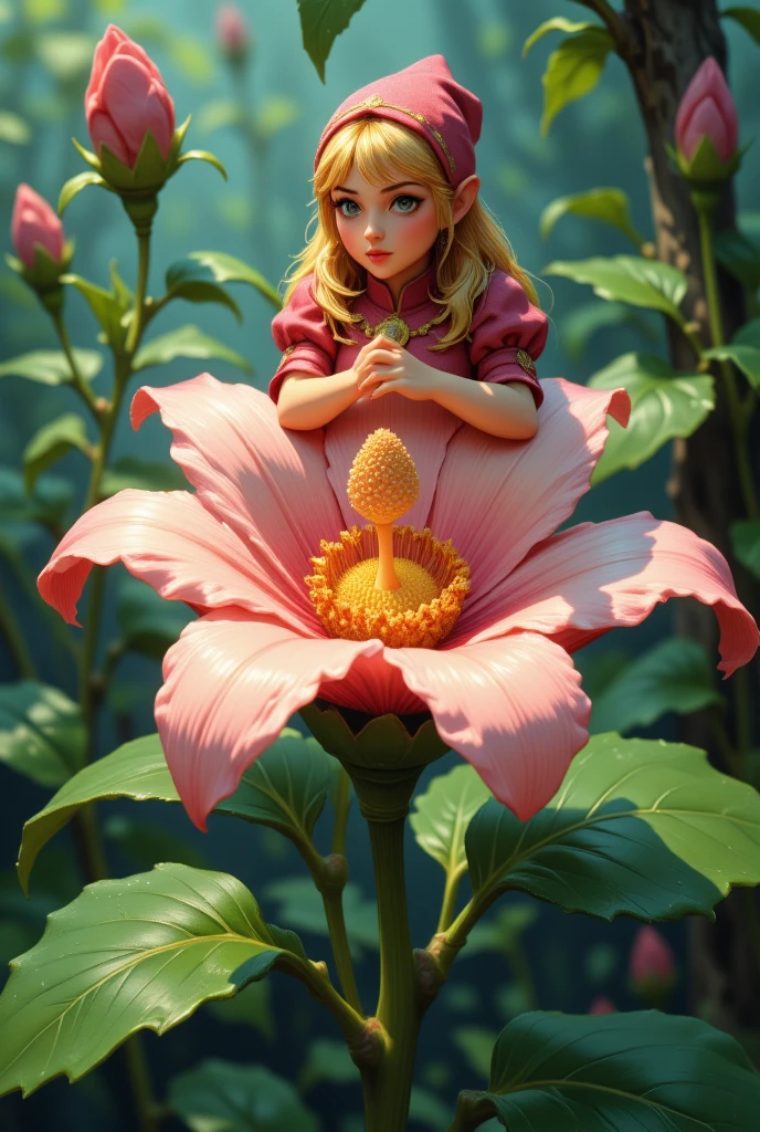 fantasy illustration art, A beautiful single flower is blooming, with a fluffy central pistil and a cute dwarf princess, as if she had just woken up, back ground fresh green leaves, dew drops, effective effects, bold and dynamic, contrasts of light and shadow, ultra detailed, absolutely resolution, masterpiece