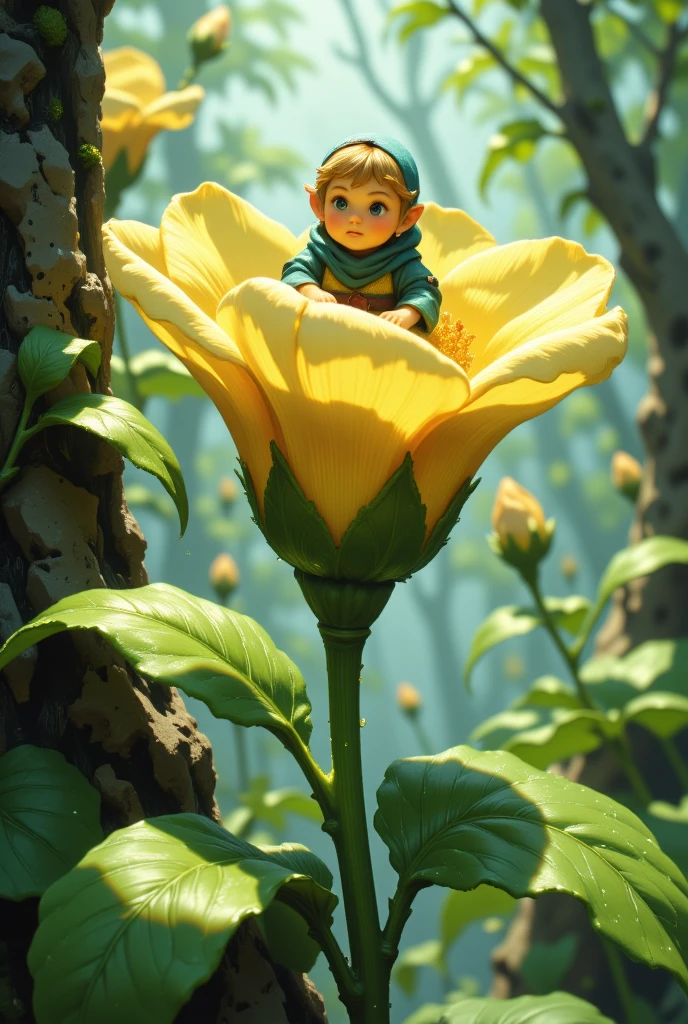 fantasy illustration art, A beautiful single flower is blooming, with a fluffy central pistil and a cute dwarf princess, as if she had just woken up, back ground fresh green leaves, dew drops, effective effects, bold and dynamic, contrasts of light and shadow, ultra detailed, absolutely resolution, masterpiece