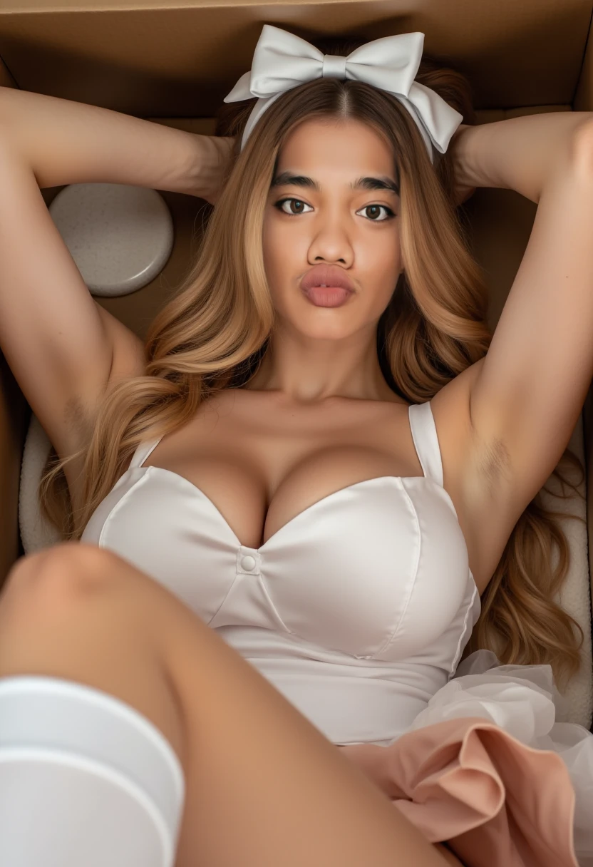 gritty candid raw birds eye view photo of a young 20 year old beautiful, big lips, full body, dressed as french maid, squatting, high cheekbones, playful, Danish and Mexican mixed race, busty, long curly silver blonde hair, realistic skin texture, and curvy, boho-chic, flawed skin, shot with Sony Alpha A6500 1.4f, bokeh, highly detailed, masterpiece, classic beauty