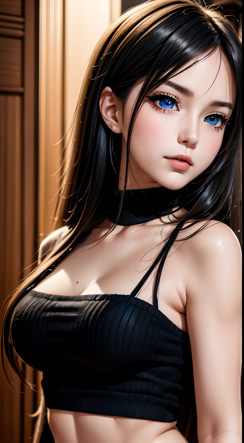 Anime girl with long black hair and blue eyes，Smooth anime CG art，Realistic Anime 3D Style，Realistic anime art style，Detailed digital anime art，Digital anime illustration，Realistic anime art style，Cute realistic portrait，Detailed portrait of an anime girl，beautiful anime portrait，Photorealistic Anime Girl Rendering，Realistic young anime girl， Anime Girl Portrait