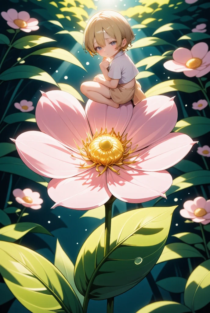 fantasy illustration art, A beautiful single flower is blooming, with a fluffy central pistil and a cute dwarf princess, as if she had just woken up, back ground fresh green leaves, dew drops, effective effects, bold and dynamic, contrasts of light and shadow, ultra detailed, absolutely resolution, masterpiece