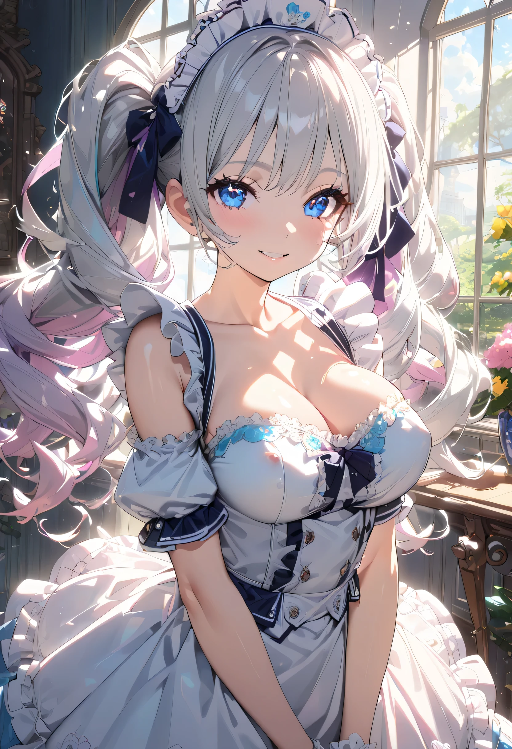 ((moe anime character)), ((nsfw)),  ((exposed breasts)), ((ultra-detailed)), (highly detailed CG illustration), (best quality:1.2),  ultra-,highly detailed,colorful composition,artistic photoshoot, 1girl, solo focus, cute maid girl, ((wearing oval glasses with a lightweight plastic frame)), anime 'spirit chronicles' seria Claire, wearing a frilly maid outfit,  (silver hair color:1.3), twintail hair, blue eyes, pink cheek, revealing maid uniform and maid headdress, cleavage,   Look at the viewer as if you were looking at someone you love, cowboy shot, standing by the window in a room decorated in rococo style, Portrait,depth of field, soft lighting, sidelighting, (shine), lighting, ray tracing,んわ smile, perfect face, lustrous skin,  highly detailed face, highly detailed eyes , perfect face, perfect nose, perfect hair, perfect eyes, beautiful hair, beautiful face, extremely detailed face, beautiful detailed eyes, beautiful clavicle, beautiful body, beautiful medium breasts, beautiful thigh, beautiful legs, beautiful fingers, lovely, (very detailed background:1.0),(highly detailed background:1.0),spring aesthetic, intricate details, joyful atmosphere, spring colors palette, chromatic aberration