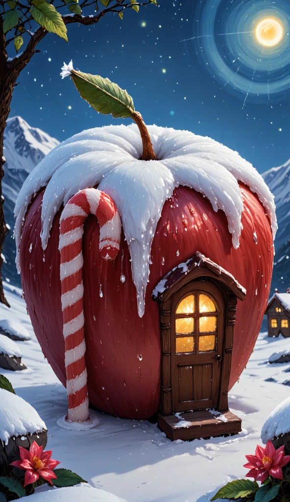 Dreamy 3D cartoon Christmas cottage, shaped like an apple, embedded with shiny ice crystals and colored lights on the surface, with a huge candy cane and gift boxes placed in front of the door, distant snowflakes falling and starry sky shining, full of fantasy colors