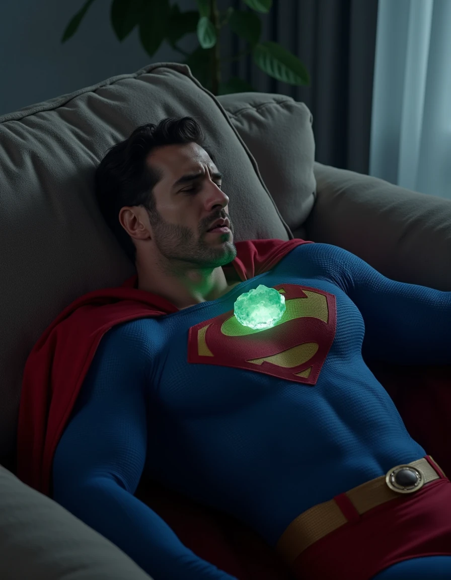 c35ar0,  wearing a blue Superman costume, Superman suit, His chest displays the iconic "S" symbol. Superman's traditional red cape is present, attached to the shoulder and flowing behind him, lies on a sofa at home, pained facial expression, almost unconscious, eyes closed, a glowing emerald green crystal pendant hanging around his neck,