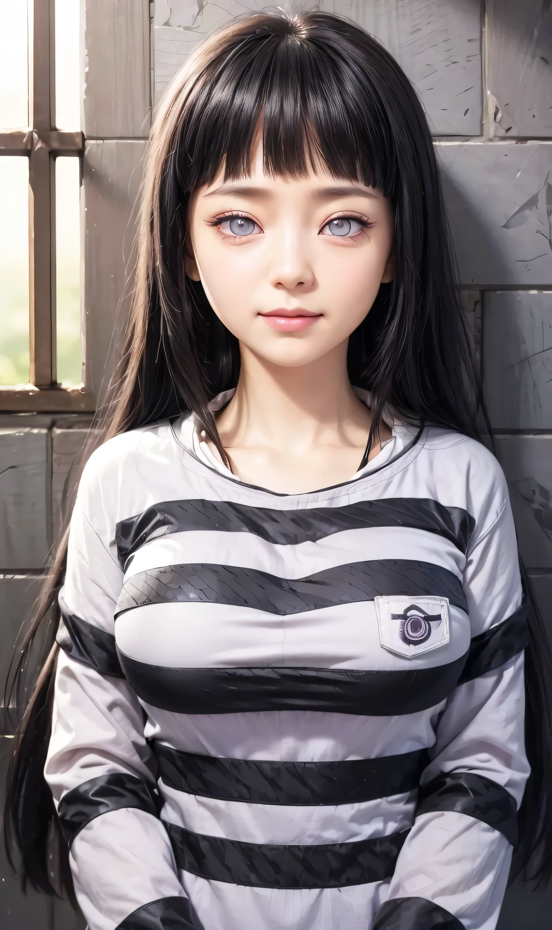 masterpiece, best quality, (realistic,photo-realistic:1.4), (RAW photo:1.2), extremely detailed CG unity 8k wallpaper, delicate and beautiful, amazing,finely detail, official art, absurdres, incredibly absurdres, huge filesize, ultra-detailed,extremely detailed eyes and face,light on face,hinata,(little smile),(black hair:1.4),(wearing prisoners  outfit:1.5),(jail background:1.4),(byakugan eyes:1.5),snowfall,(long hair:1.5)