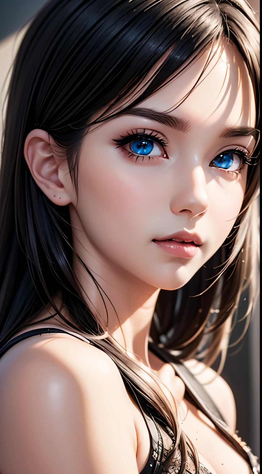 Anime girl with long black hair and blue eyes,Smooth anime CG art,Realistic Anime 3D Style,Realistic anime art style,Detailed digital anime art,Digital anime illustration,Realistic anime art style,Cute realistic portrait,Detailed portrait of an anime girl,beautiful anime portrait,Photorealistic Anime Girl Rendering,Realistic young anime girl, Anime Girl Portrait