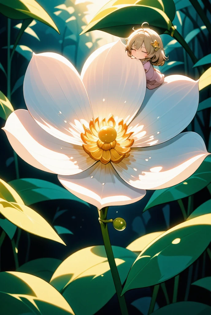 fantasy illustration art, A beautiful single flower is blooming, with a fluffy central pistil and a cute dwarf princess, as if she had just woken up, back ground fresh green leaves, dew drops, effective effects, bold and dynamic, contrasts of light and shadow, ultra detailed, absolutely resolution, masterpiece