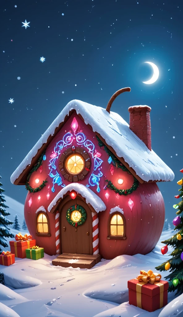 Dreamy 3D cartoon Christmas cottage, shaped like an apple, embedded with shiny ice crystals and colored lights on the surface, with a huge candy cane and gift boxes placed in front of the door, distant snowflakes falling and starry sky shining, full of fantasy colors