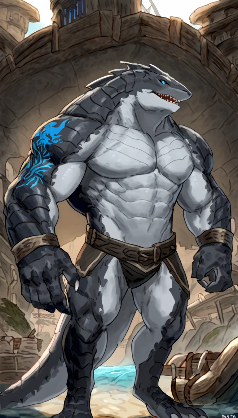 sharkman, gray belly, black and blue hands and fins, black back, solo, big arms, koholasaurus from genshin impact, bara, detailed smooth skin on abs, lizard shark hybrid, anthro, closed mouth, detailed scales, muscular, thick scales on arms and legs, proporcional body, wide chest, trapezoid body type, marked jaw, thick shark tail, best quality, 4k, ultra-detailed, by Buta99, detailed illustration of 4K horror, pirate port scenery, pirate tattoos on the body, standing near water