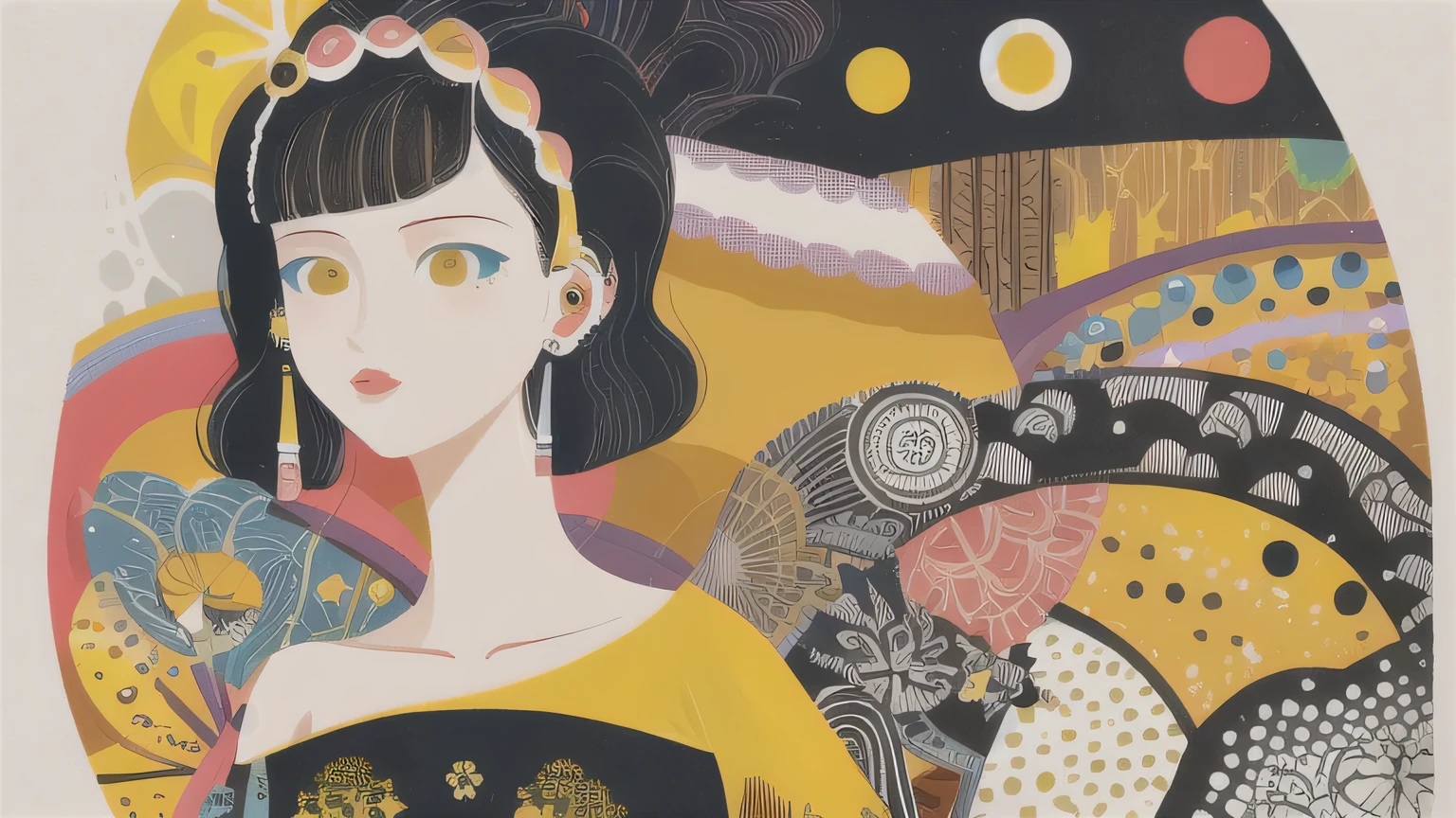 masterpiece, illustration of yellow art, in the style of grunge beauty, sandara tang, mixed patterns, charming character illustrations, folkloric , minimalis