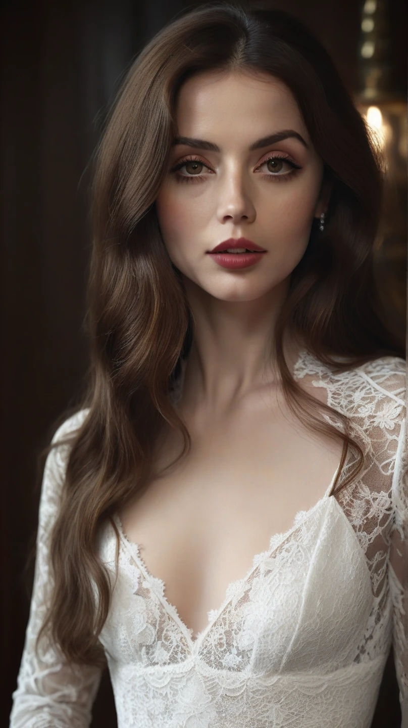 realistic woman 4k. big marine eyes. dark auburn long hair. delicate nose up. rose lips. lace dress with sleeve. sexy body.